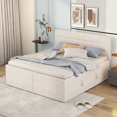 Wishdor – Gestoffeerd Tweepersoonsbed 140x200 cm – Met Hydraulische Lift – Aan Beide Zijden te Openen – Ruimtebesparend – Linnen – Beige