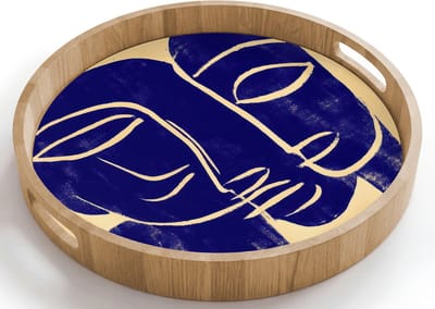 Dienblad rond 40x40 cm - Schootdienblad hout - Okergeel - Blauw - Eenvoudige lijnen - Borrelplank rechthoek - Plateau houten dienbladen