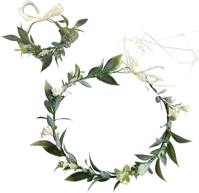 Bloemenkrans en Armband - Groene Bladeren - Bruiloft Accessoires - Verstelbare Band - 45 cm Krans - Groen