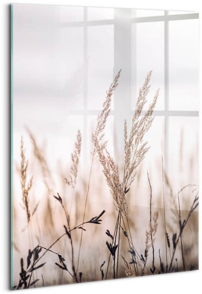 Wallfluent Glasschilderij - Natuurlijke grasstijl in boho-stijl Foto Op Glas - 70x100 cm - Beige Verticale Muurschildering - Natuur Schilderij Op Glas - Glazen Schilderij - Schilderij Glas