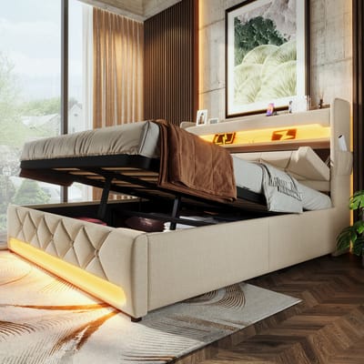 Gestoffeerd bed Tweepersoonsbed 180x200 met USB- en Type C-poorten - LED-verlichting - bed met hydraulische opslag - beige - geen matras