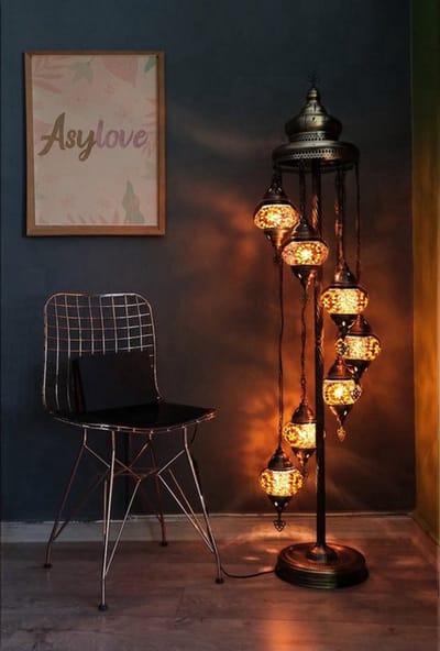 Handmade Turkse lamp - vloerlamp met 7 bollen - multicolour bruin - unieke mozaïek design