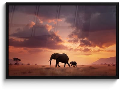 Poster in lijst - Fotolijst 90x60 cm - Posters - Olifanten - Grasland - Zonsondergang - Posterlijst zwart - Decoratie - Wanddecoratie woonkamer - Muurdecoratie slaapkamer
