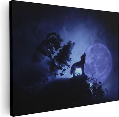 Artaza Canvas Schilderij Wolf - 80x60 cm - Wanddecoratie Huilende Wolf - Muurdecoratie Volle Maan - Schilderij Dieren - Paars