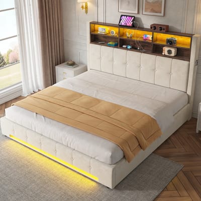 MIVRAY Bed 180x200 cm - Tweepersoonsbed Zonder Matras Met USB C En LED - Hoofdbord Met 6 Vakken En Opbergruimte - Fluweel - Beige
