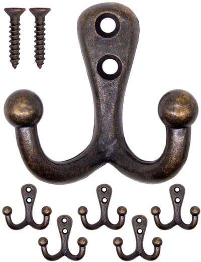 Massieve antieke dubbele haken, garderobehaken, messing brons design, set van 5