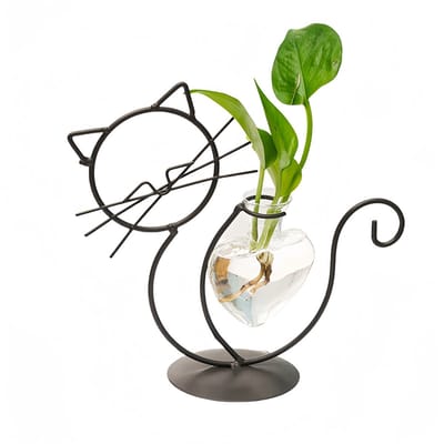 Decopatent - IJzeren Zittende Poes met vaasje in hartvorm - kat - glazen vaas - vaas glas - Om bloemetjes, stekjes, droogbloemen of luchtplantjes in te zetten