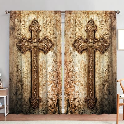 2 stuks Vintage Kruis illustratie Bedrukt Gordijn voor Huisdecoratie - Tunnelgordijn voor Slaapkamer, Kantoor, Keuken 52.5cmX116cm X 2pcs