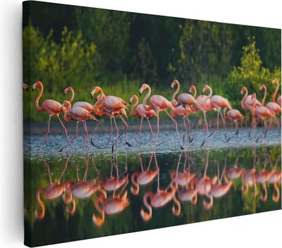 Artaza Canvas Schilderij Vogels - 30x20 cm - Klein - Wanddecoratie Flamingo - Muurdecoratie Dieren - Kamer Accessoires Waterpartij