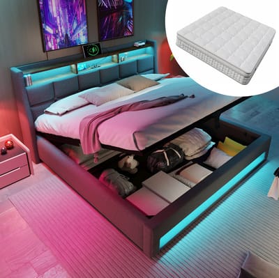 MIVRAY Gestoffeerd Bed 140x200 cm - Tweepersoonsbed Met USB en LED Verlichting, Opbergruimte, Met Matras - Metaal en Stof - Grijs