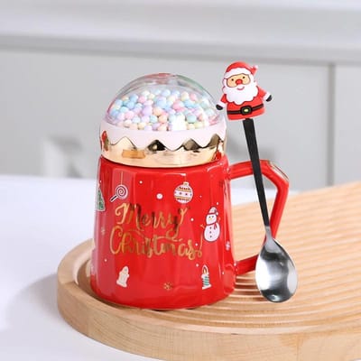 Kerstmokken met deksel en Santa Claus lepel Creatieve Planeet Keramische Kop Kerstcadeau Koffiekop Melkkop Drinken Voor thuis kantoor 401-500ml white