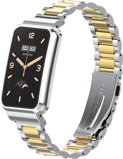 By Qubix - Metalen schakelband met case - Zilver met goud - Geschikt voor Xiaomi Smart Band 7 Pro / Mi Band 7 Pro bandje