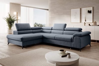 hoekbank plazy- lounge links- structuurstof- hoeksalon met bed en opbergruimte- zetelsenbedden