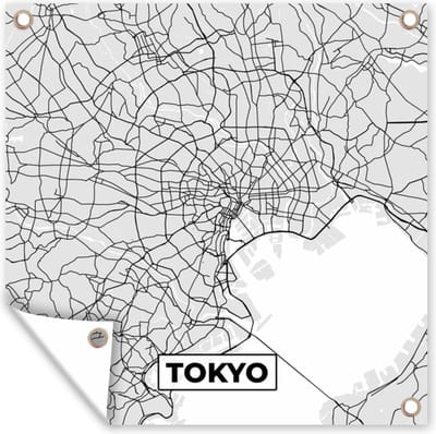 Tuin poster Tokyo - Stadskaart - Zwart Wit - Plattegrond - Kaart - 200x200 cm - Tuindoek