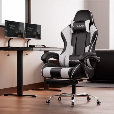 GTPLAYER Gaming Chair Bureaustoel met Massage Voetsteun Comfortabele Rugleuning Hoofdsteun Ergonomisch Ontwer Kunstleer Wit 51*52*135 cm Het zitkussen