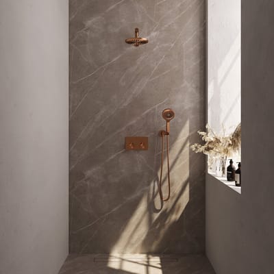 Brauer Copper Edition thermostatische inbouw regendouche met drukknoppen SET 55 met 20 cm douchekop en rechte muurarm en 3-standen handdouche en doucheslang en wandaansluitbocht koper geborsteld PVD
