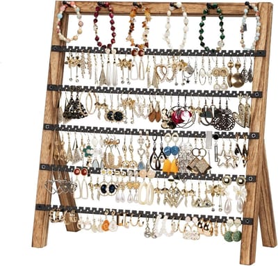 Grote sieradenhouder met 285 gaatjes en 6 haakjes voor oorbellen, armbanden en kettingen, houten en metalen sieradenorganizer voor een opgeruimde look