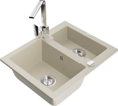 Mexen Carlos granieten gootsteen 1,5-komorige met keukenmengkraan Rita, beige - 6518-69-670300-00