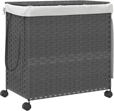 Grote Wasmand op Wielen 60x35x60.5cm - Waszak met 3 Compartimenten, Wicker Wasmand