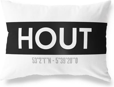 Tuinkussen HOUT - NOORD-BRABANT met coördinaten - Buitenkussen - Bootkussen - Weerbestendig - Jouw Plaats - Studio216 - Modern - Zwart-Wit - 50x30cm