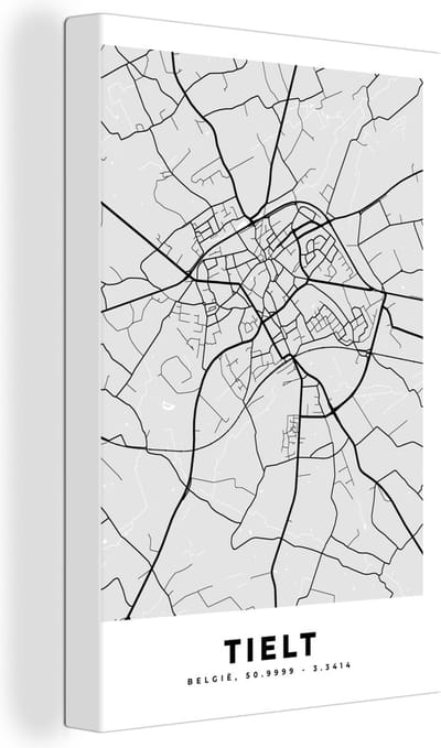 Canvas Schilderij Zwart Wit – België – Plattegrond – Stadskaart – Kaart – Tielt - 20x30 cm - Wanddecoratie