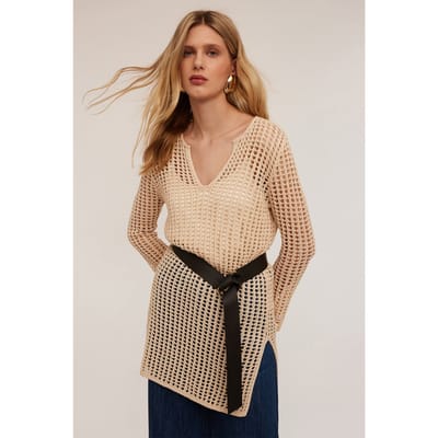 Motivi Crochet-effect Knitted Tunic Beige Maat: S | Longsleeves Outlet | Dames | Beige