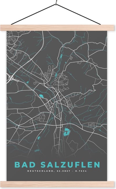 Posterhanger incl. Poster 40x60 cm - Schoolplaat - Kaart – Plattegrond – Stadskaart – Bad Salzuflen – Duitsland – Blauw - Textielposter - Blanke latten - Stadskaart