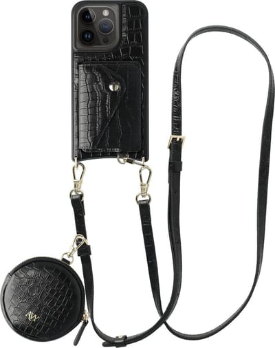 AVY Leren Hoesje geschikt voor Apple iPhone 15 Pro | Met Koord, Wallet en Pouch | Compatibel met MagSafe | Leather Case met 130CM Koord | Long Leather | Croco Zwart