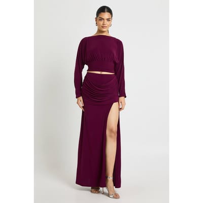 boohoo Dames Slinky Maxi Rok met Gedrapeerde Voorkant Detail | Plum | Maat: 8