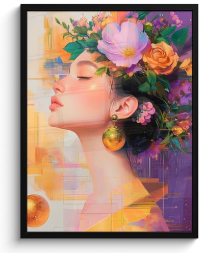 Poster in lijst - Fotolijst 60x80 cm - Posters - Abstract - Vrouw - Bloemenkroon - Goud - Posterlijst zwart - Decoratie - Wanddecoratie woonkamer - Muurdecoratie slaapkamer