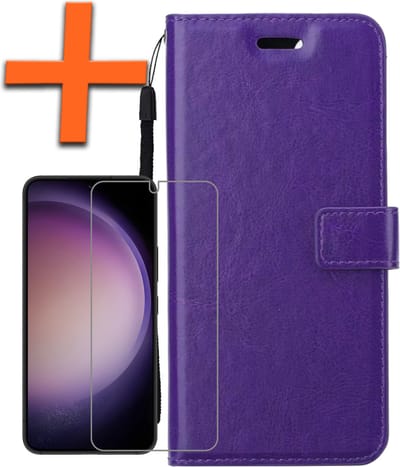 Hoes - Met Screenprotector - Geschikt voor Samsung Galaxy S23 - Luxe Pasjeshouder - Bookcase Portemonee - Flip Case - Kunstleer Book Case - Flipcase - Book Cover - Walletcase - PortemonneeHoes - Paars