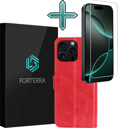 Hoesje Met Screenprotector - Geschikt voor Apple iPhone 16 Pro - Luxe Pasjeshouder - Flipcase - Bookcase Portemonee - Flip Case - Kunstleer Book Case - Book Cover - Walletcase - Portemonneehoes - Rood