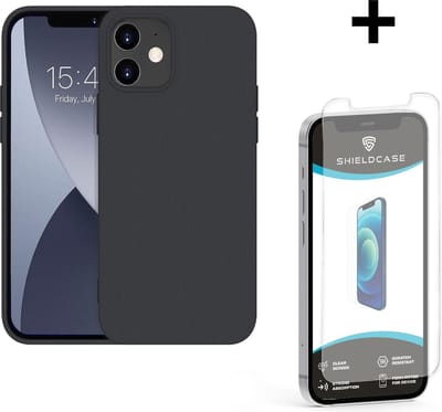 ShieldCase Silicone case geschikt voor Apple iPhone 12 / 12 Pro - 6.1 inch - optimale bescherming - siliconen hoesje - backcover - zwart + glazen Screen Protector