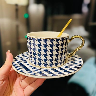 Creatief Ontwerp Scandinavische Stijl Pied-de-poule Keramische Koffiekop Kantoor Waterbeker Afternoon Tea Kop en Schotel Set met Lepel 200ml