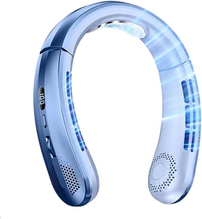Zomerse draagbare nekventilator – USB-oplaadbaar, bladloos, met LED-display – Multifunctionele miniventilator voor buitensport (Blauw)