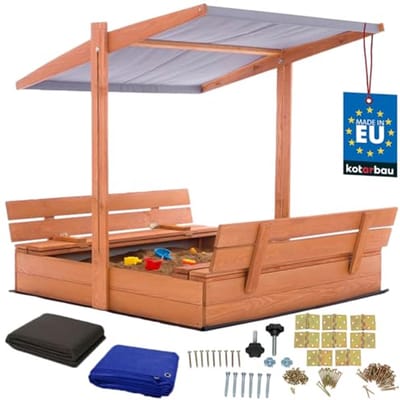 KOTARBAU® Houten Zandbak - 120 x 120 cm - Bruin - Zandbak met Bankjes - met Grijs Dak - en Grondzeil - voor Tuin - Buitenspeelgoed