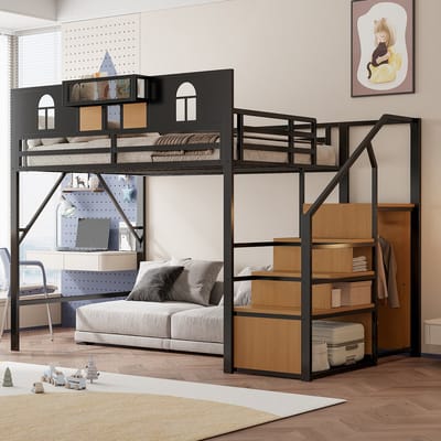 MODFU Hoogslaper 140x200 cm – Zwart metaal/MDF – Hoge bedomranding met vensters – Opbergladder & plank – 120 kg