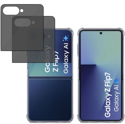 TechNow Hoesje + 2x Privé Screenprotector geschikt voor Samsung Galaxy Z Flip 7 Hoesje Screenprotector - Privacy Tempered Glass - Case Transparant
