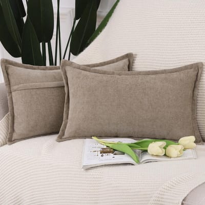 Set van 2 zachte chenille franje kussenslopen - decoratieve kussenhoezen voor sofa en slaapkamer 30x50 cm Taupe