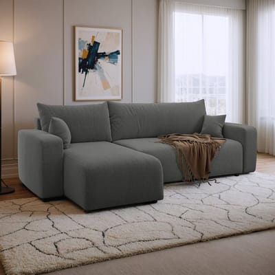 Hoekbank met opbergruimte Romee - Universeel - Teddy stof - Antraciet - Slaapbank met opbergruimte - Lounge Links of Rechts - Direct Leverbaar - Hoekzetel - Chaise longue - Zetel met slaapgedeelte - 3 zits - Zitcomfort Medium