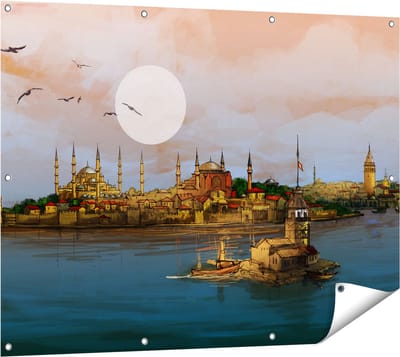 Gards Tuinposter Illustratie van de Maiden's Tower in Istanbul - 120x90 cm - Tuindoek - Tuindecoratie - Wanddecoratie buiten - Tuinschilderij