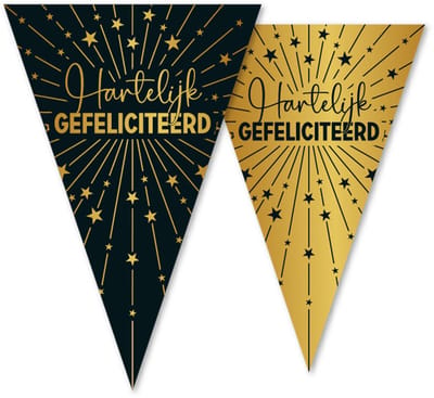 Vlaggenlijn Hartelijk Gefeliciteerd zwart / goud 10 meter 2 zijdig bedrukt - Verjaardag Feestje Vlag Vlaggen Versiering Slinger Feestdecoratie Decoratie