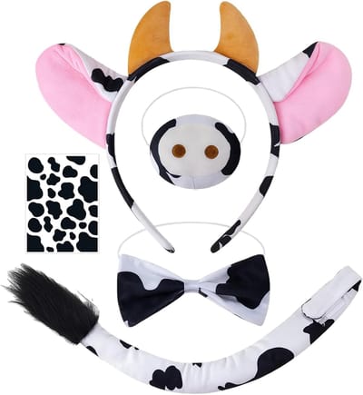 Koekostuum met koeienoor, hoofdband, staart, neus, vlinderdas en stickerset voor carnaval, Halloween en feestelijke gelegenheden, perfect voor cosplay en verkleedpartijen