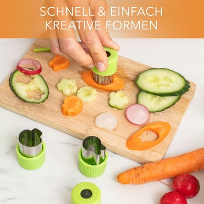 Famanu - 9 stuks Roestvrijstalen uitsteekvormen voor groente en fruit, uitsteekvormpjes, diervorm, groentesnijder, koekjessnijder, groente-uitstekers, met beschermgreep voor kinderen (groen)