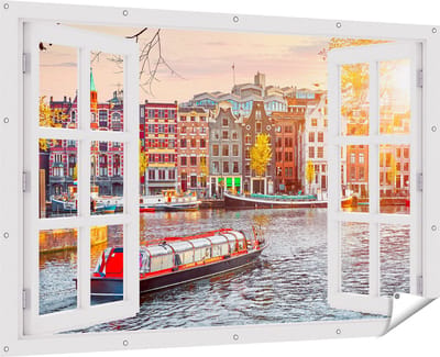 Gards Tuinposter Doorkijk Amsterdamse Huisjes vanaf de Grachten - 180x120 cm - Tuindoek - Tuindecoratie - Wanddecoratie buiten - Tuinschilderij