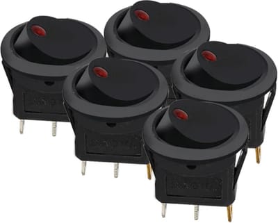 TLVX 5 stuks Schakelaar Rond Zwart met Rood lampje – LED indicator - Wipschakelaar - Aan/Uit – Tuimelschakelaar – Rode LED lamp – Inbouwschakelaar - ON/OFF schakelaar – 12Volt – Max. 20A – 21mm Diameter – Auto – Boot – Caravan – Camper