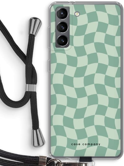 Case Company® - Hoesje met koord geschikt voor Samsung Galaxy S21 hoesje met Koord - Grid Groen - Telefoonhoesje met Zwart Koord - Bescherming aan alle Kanten en Over de Schermrand