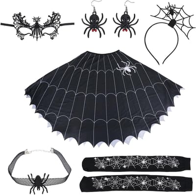 Vrouwelijke Spinnen Poncho Kostuum voor Halloween, Inclusief Cloak, Oorbellen, Masker en Hoofdband Accessoires