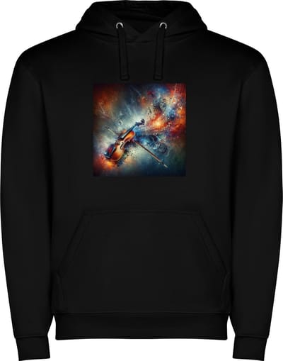 Zwarte unisex hoodie met “ Kleurrijke Viool – Muzieknoten – Snaarinstrument “ Print Full Color merk Roly maat M
