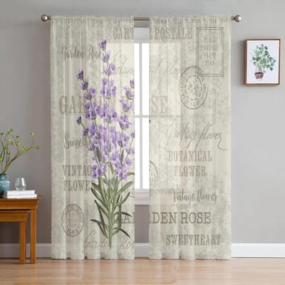 Paarse bloem lavendel romantiek Tule gordijnen voor woonkamer decoratie moderne chiffon pure voile keukengordijn 135W x 114H(cm)